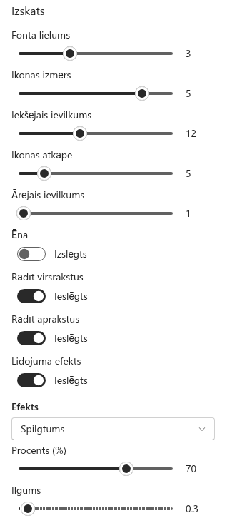 Lidojuma efekta iestatījumi