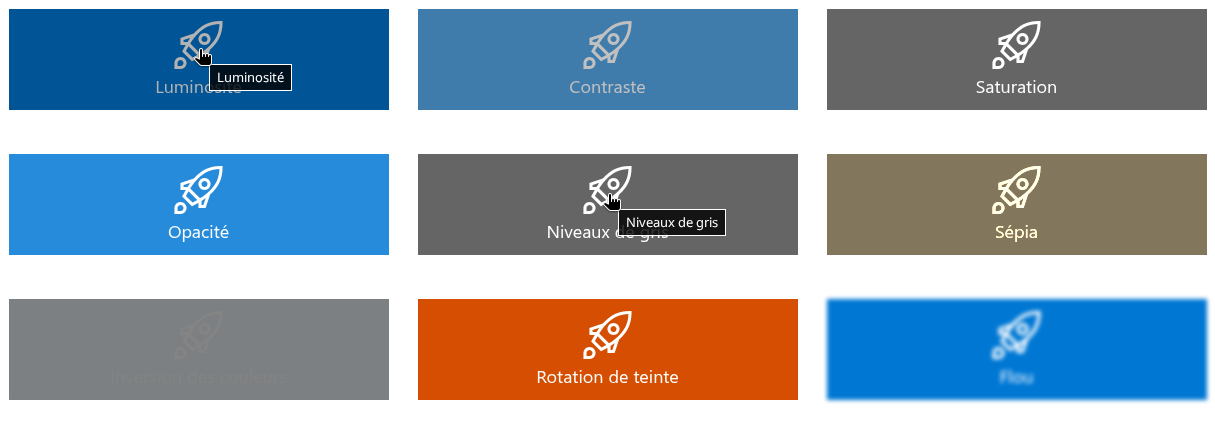 Les neuf effets à des intensités typiques
