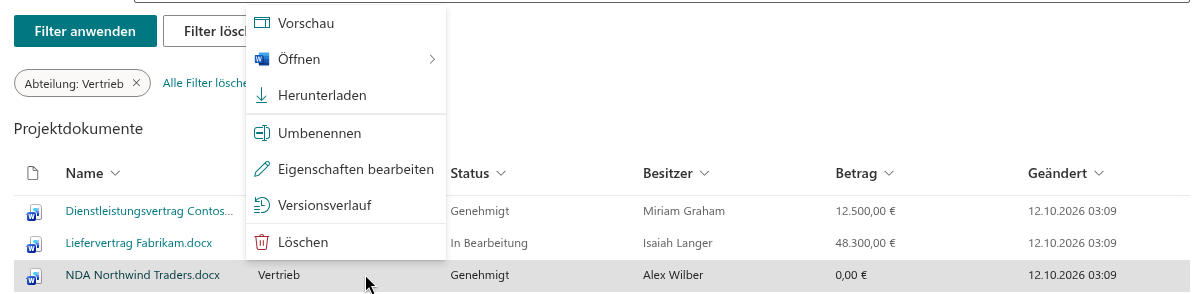 Das Kontextmenü eines Dokuments in der Ergebnistabelle