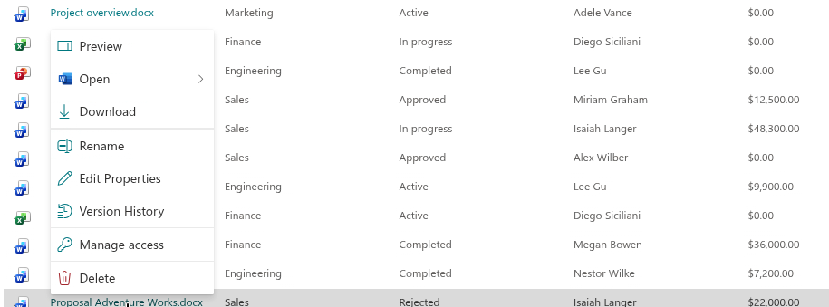 The context menu of a document in the results table