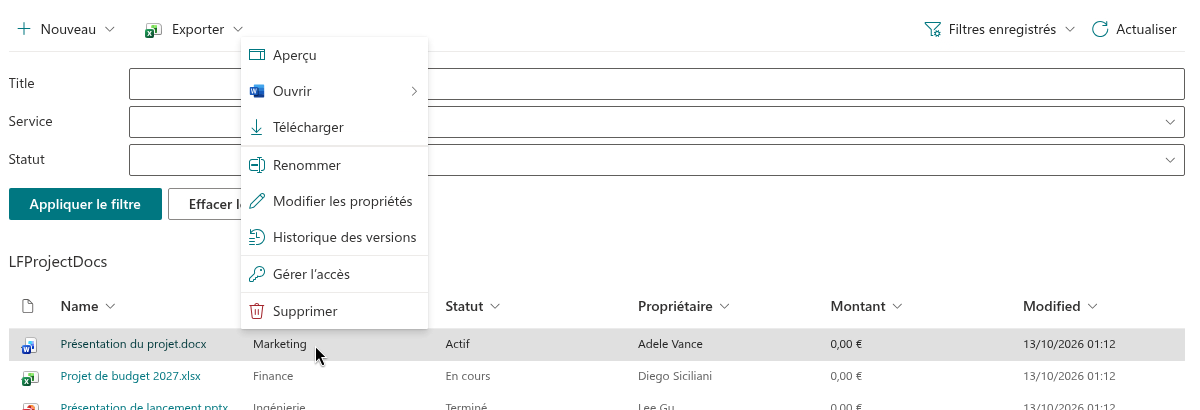 Le menu contextuel d'un document dans le tableau des résultats