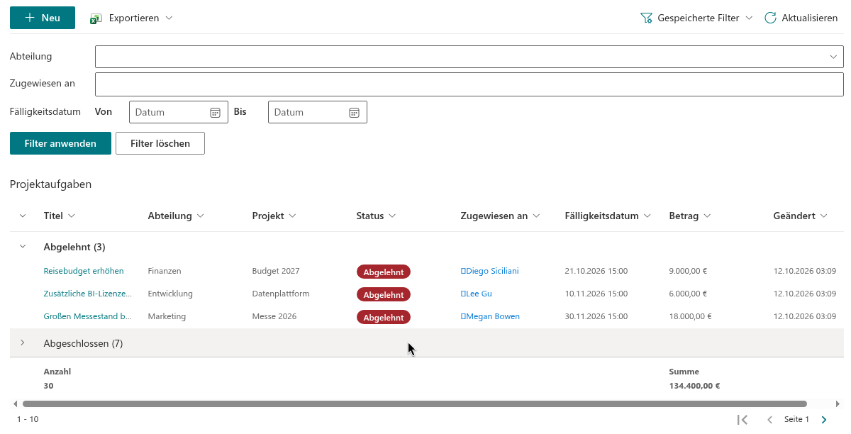 Das List-Filter-Online-Webpart auf einer SharePoint-Online-Seite