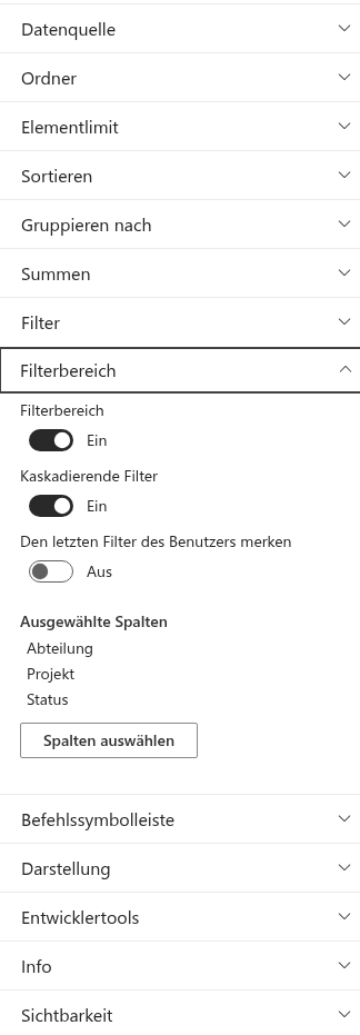 Der Eigenschaftenbereich des Webparts mit seinen Einstellungsgruppen