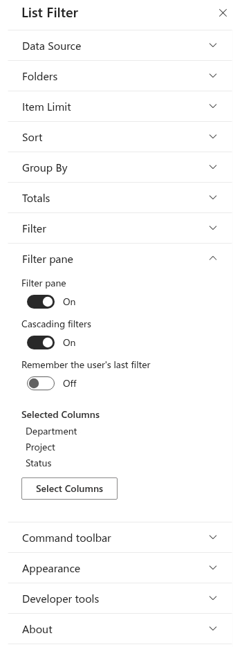 The property pane of the web part with its setting groups