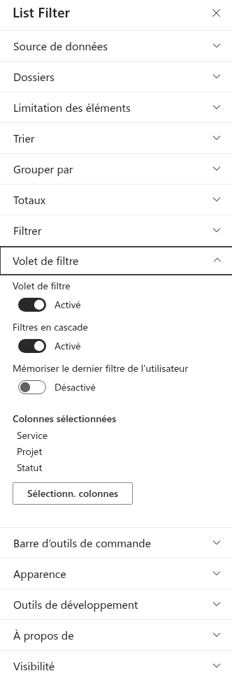 Le volet de propriétés du composant WebPart et ses groupes de paramètres