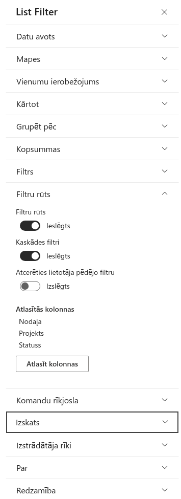 Tīmekļa daļas rekvizītu rūts ar iestatījumu grupām