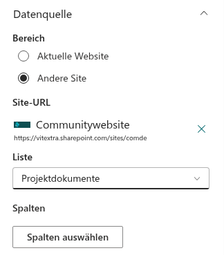 Die Gruppe „Datenquelle" des Eigenschaftenbereichs
