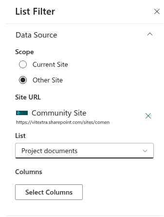 The Data Source group of the property pane