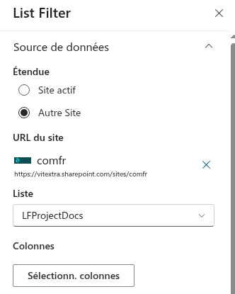 Le groupe Data Source du volet des propriétés