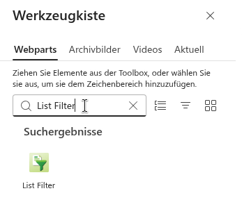 Das List-Filter-Webpart in der Toolbox der Seite