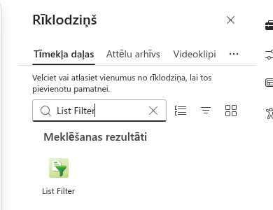 List Filter tīmekļa daļa lapas rīkkopā