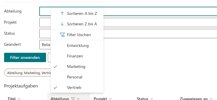 Sortierung und Wertefilter im Menü der Spaltenüberschrift