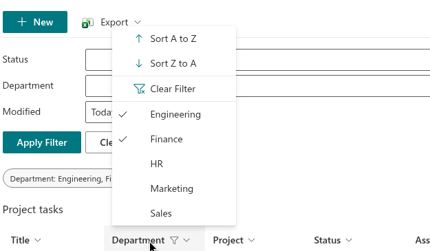 Sorting and value filter in the column header menu
