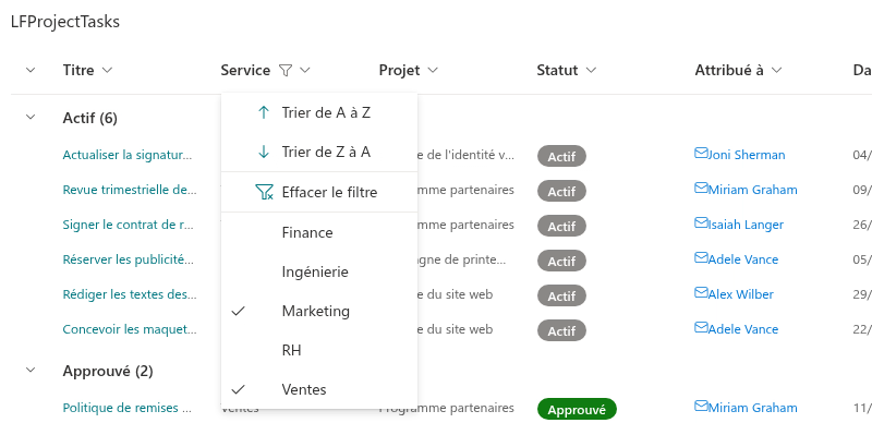 Tri et filtre par valeur dans le menu de l'en-tête de colonne