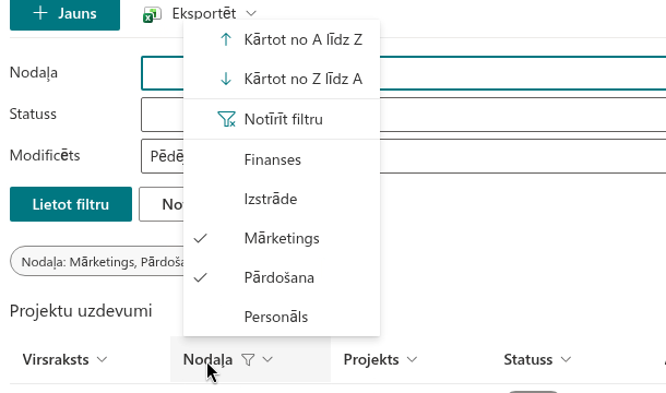 Kārtošana un vērtību filtrs kolonnas virsraksta izvēlnē