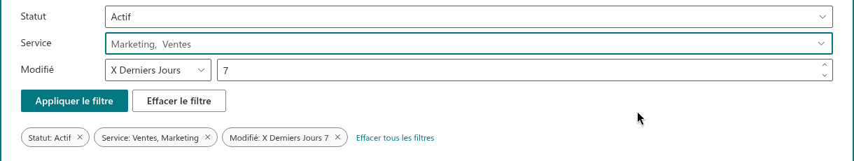 Puces de filtre indiquant les filtres actifs