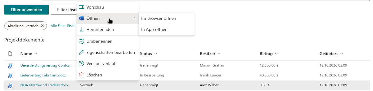 Das Kontextmenü eines Dokuments