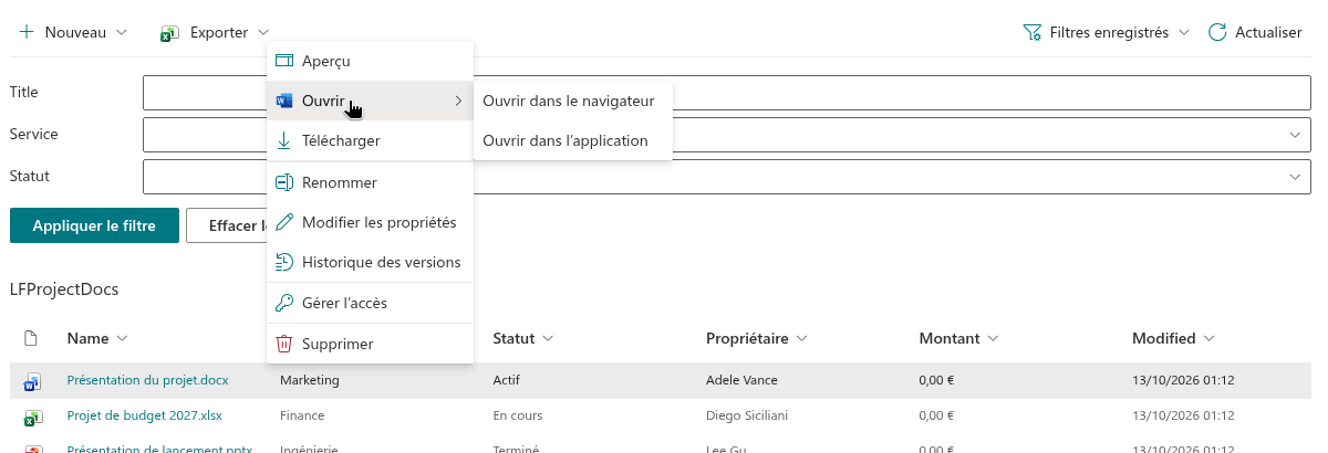 Le menu contextuel d'un document