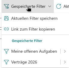 Das Menü „Gespeicherte Filter" in der Befehlssymbolleiste