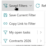 The Saved Filters menu in the command toolbar
