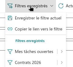 Le menu Saved Filters dans la barre de commandes