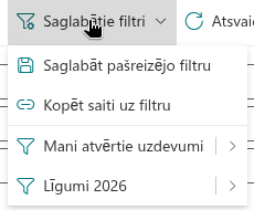 Izvēlne «Saglabātie filtri» komandu rīkjoslā