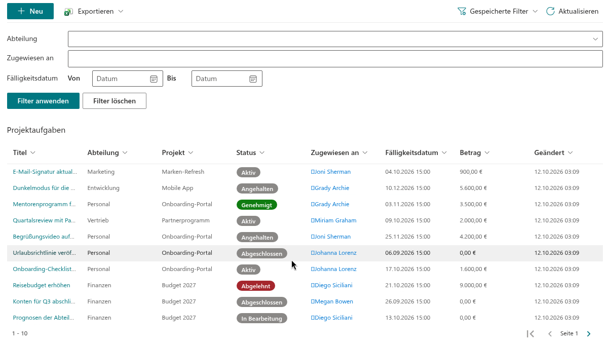 Die Hauptbereiche des List Filter Online Webparts