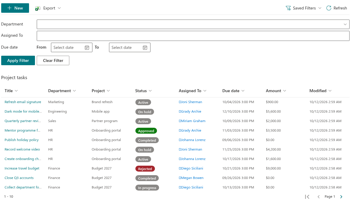 The main areas of the List Filter Online web part