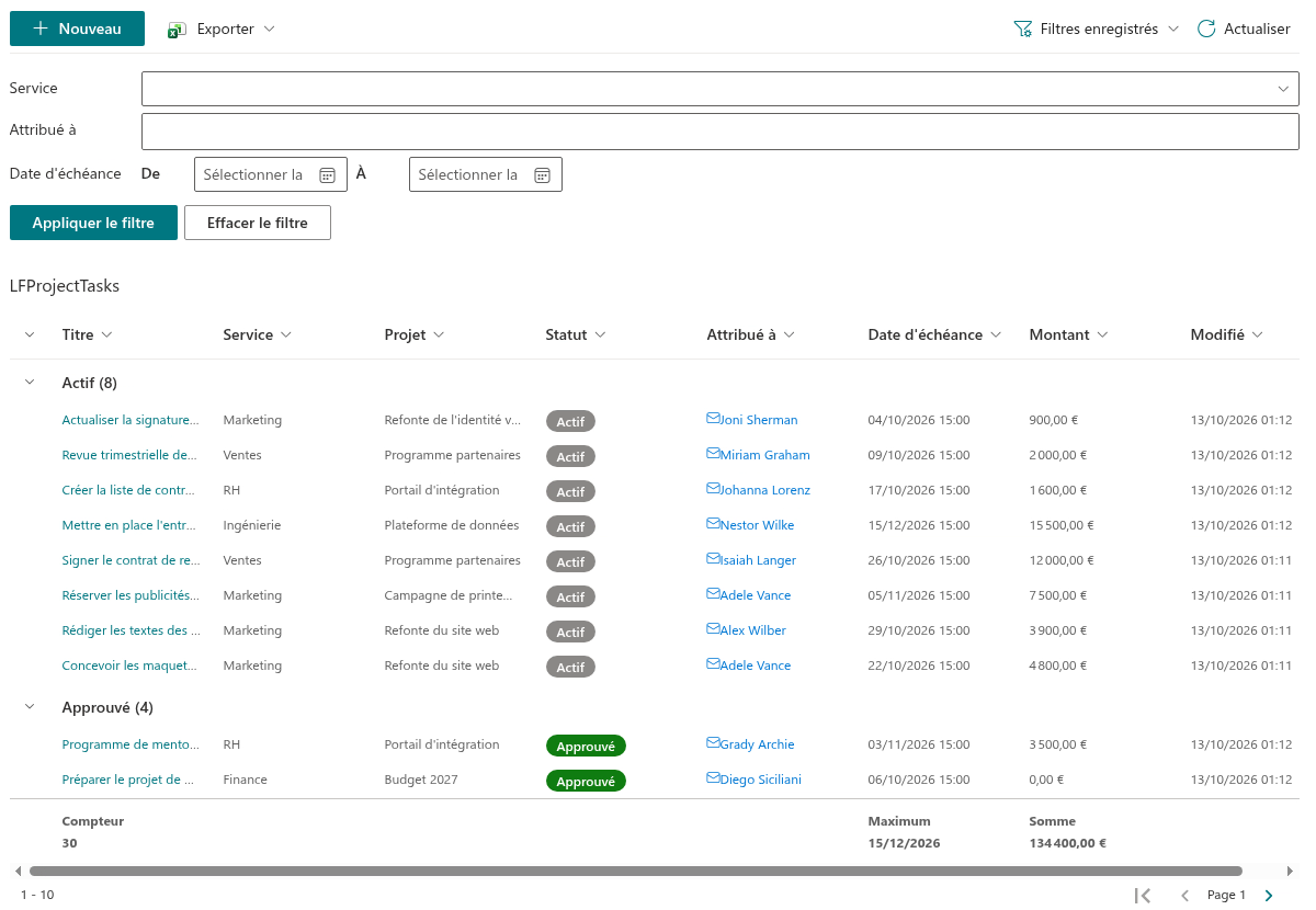 Les principales zones du composant WebPart List Filter Online