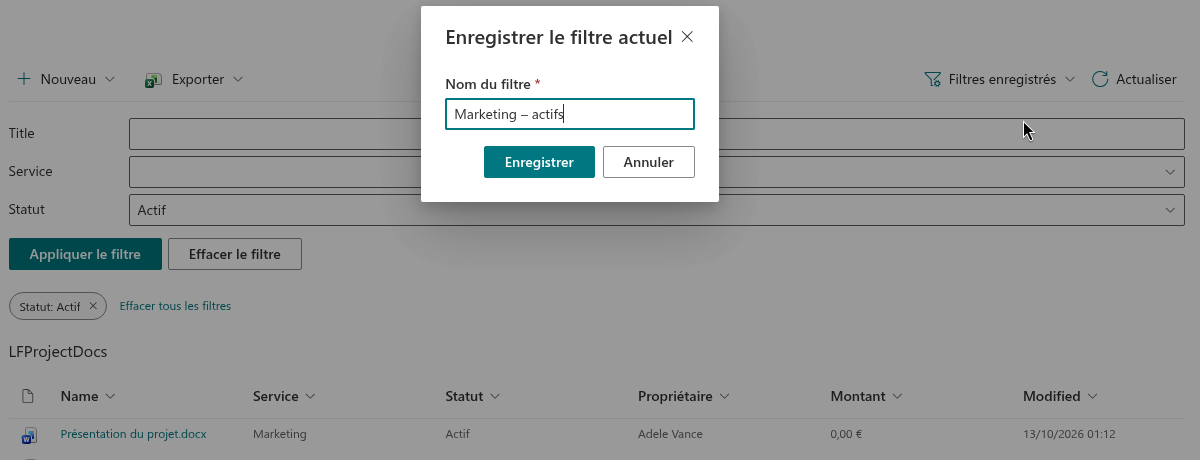 La boîte de dialogue Save Current Filter