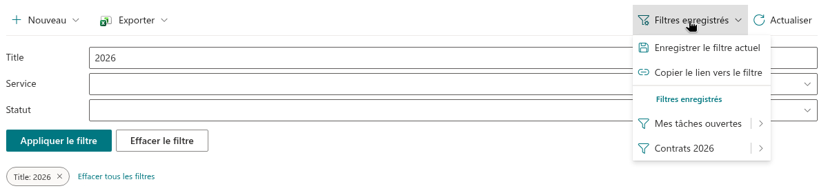 Le menu Saved Filters avec deux préréglages