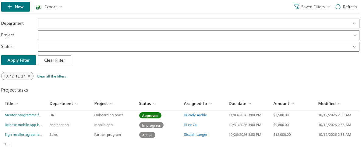 The target page showing the selected items with the ID filter chip