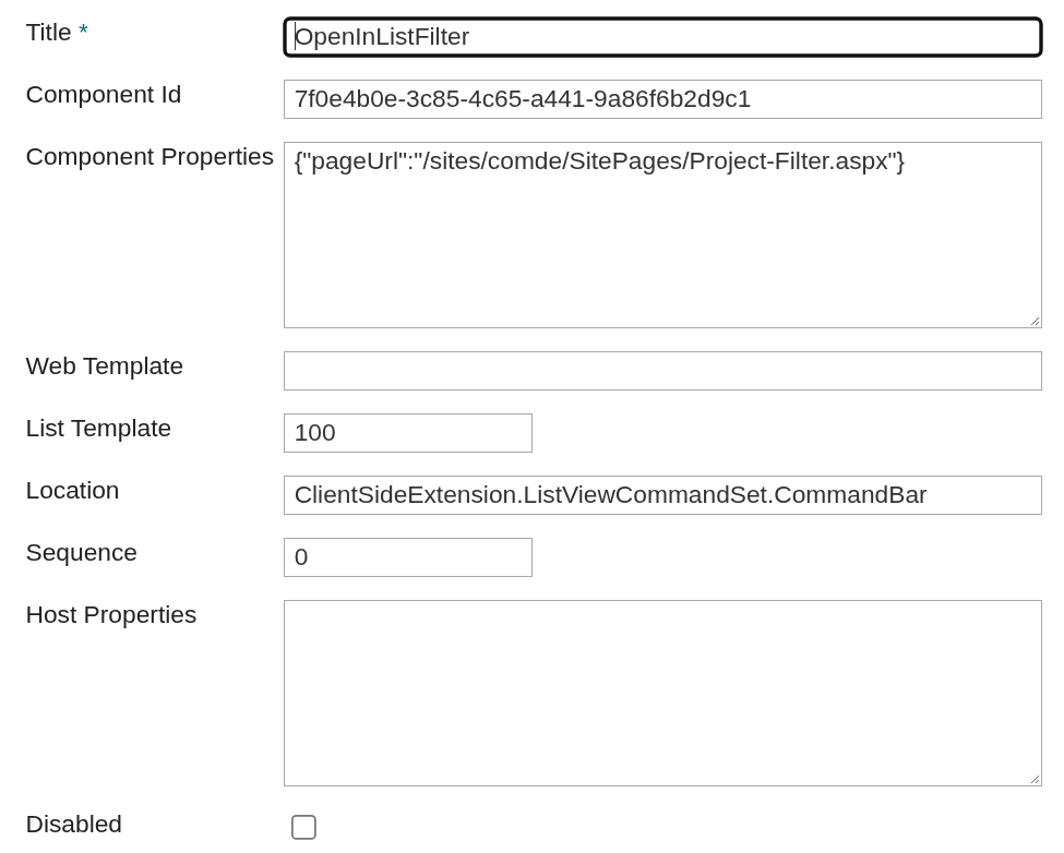 Der Eintrag des Befehls in der Liste Tenant Wide Extensions mit gesetzter Eigenschaft pageUrl