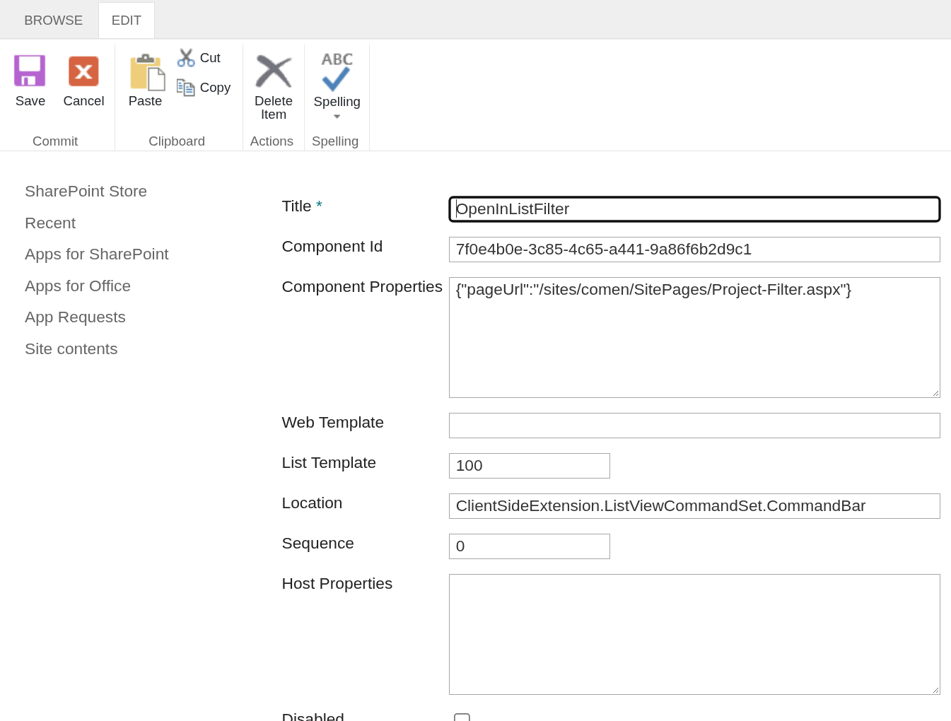 The Tenant Wide Extensions entry of the command with the pageUrl property set