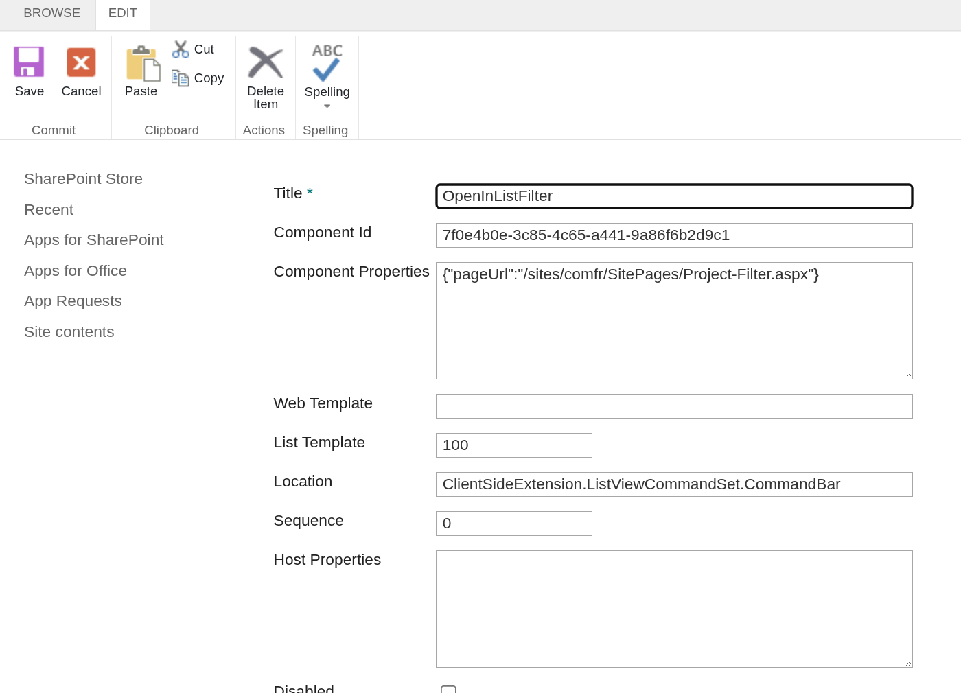 L'entrée Tenant Wide Extensions de la commande avec la propriété pageUrl renseignée