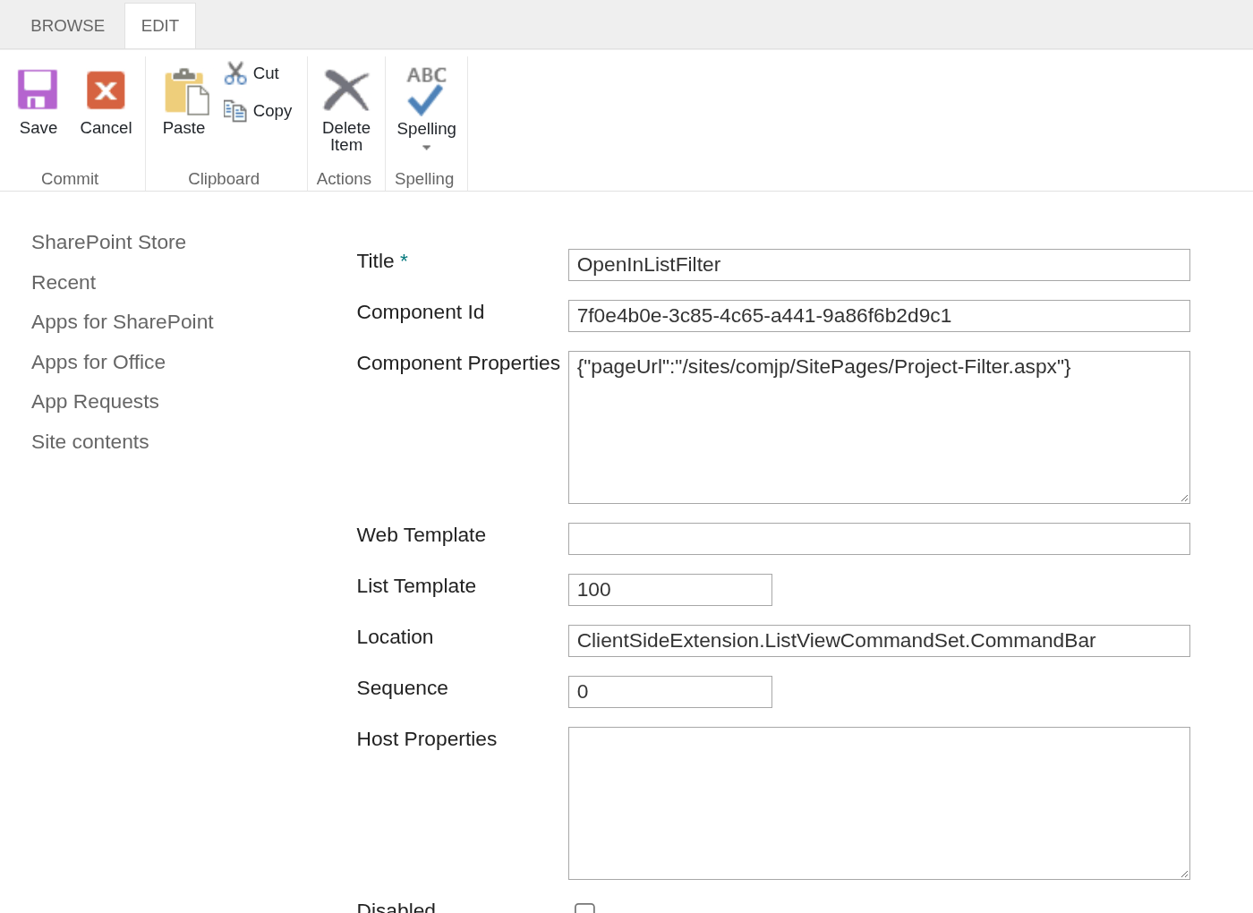 pageUrl プロパティが設定された、コマンドの Tenant Wide Extensions エントリ