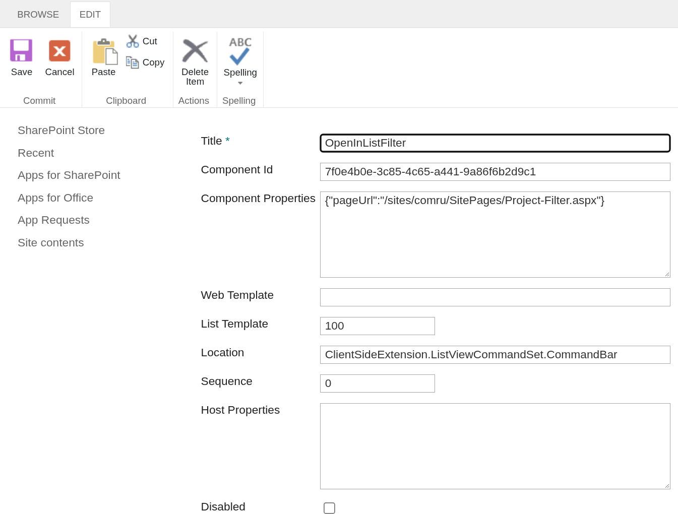 Запись команды в списке Tenant Wide Extensions с заданным свойством pageUrl