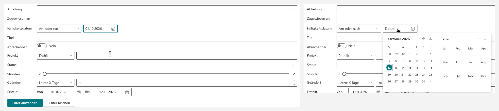 Die Steuerelemente „Datumsauswahl", „Datumsbereich" und „Relatives Datum"