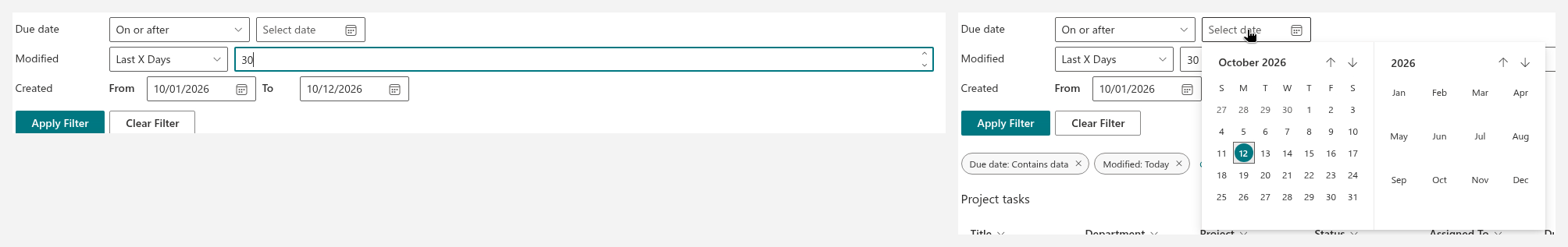 The Date picker, Date Range and Relative Date controls