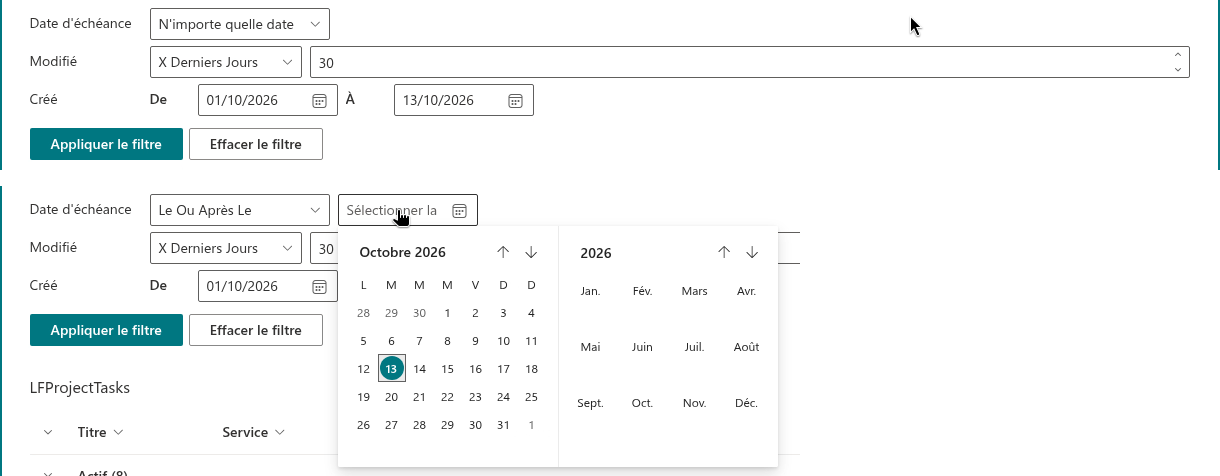 Les contrôles Date picker, Date Range et Relative Date