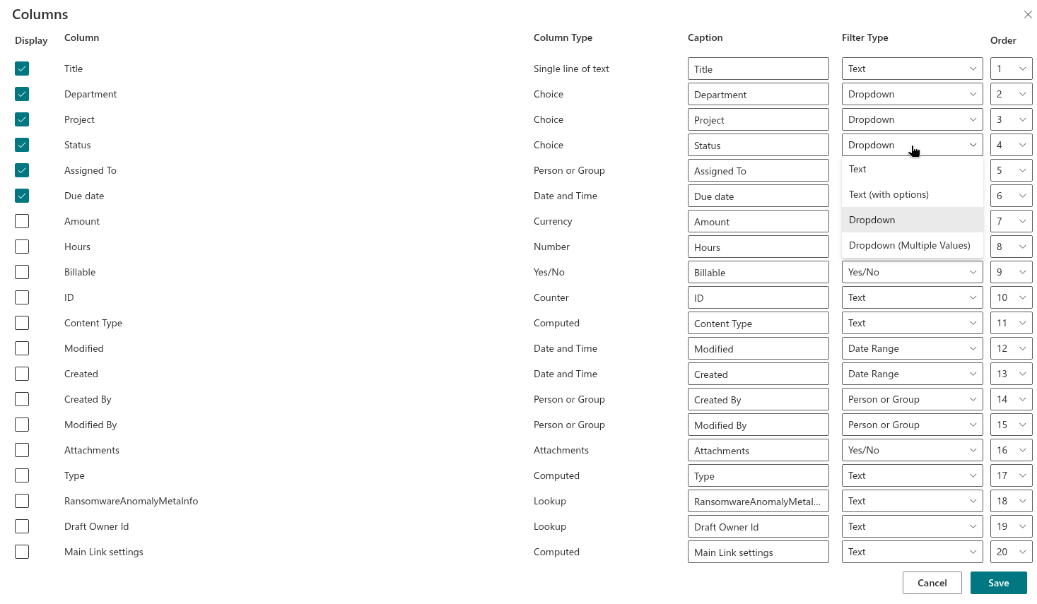 The filter pane column configurator