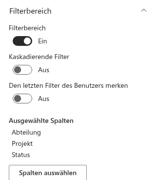 Die Gruppe „Filterbereich" des Eigenschaftenbereichs