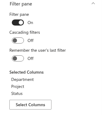 The Filter pane group of the property pane