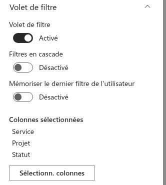 Le groupe Filter pane du volet des propriétés