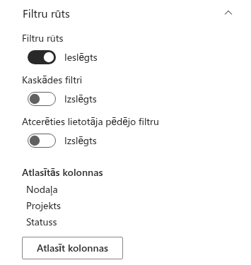 Rekvizītu rūts grupa «Filtru rūts»