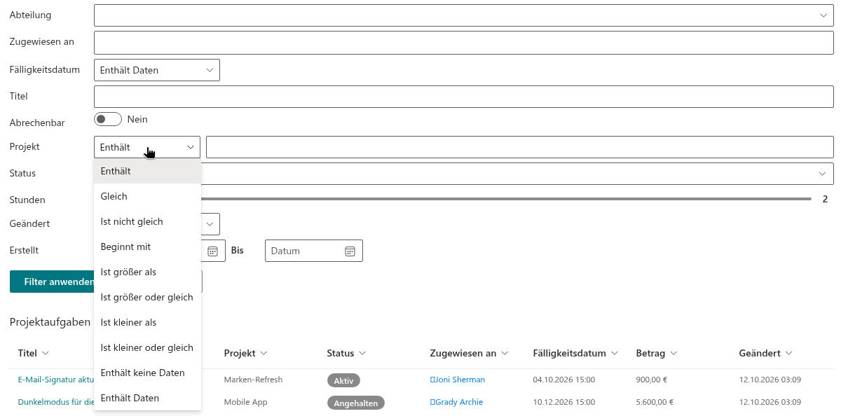 Die Steuerelemente „Text" und „Text (with options)"