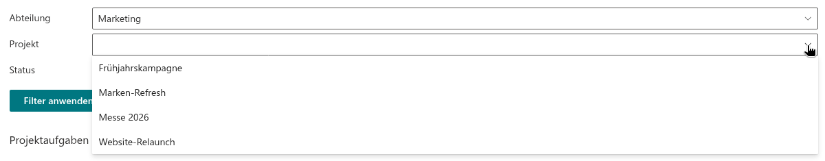 Das Dropdown „Projekt", eingegrenzt auf die Projekte der gewählten Abteilung