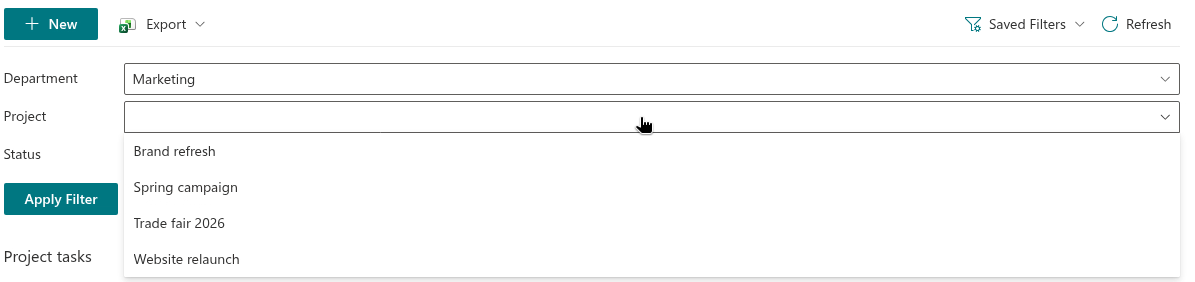 The Project drop-down narrowed to the projects of the selected department
