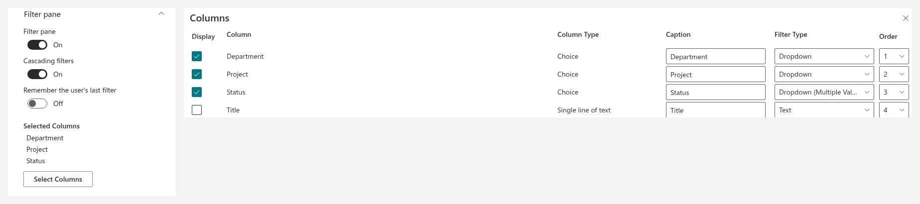 The Cascading filters toggle in the Filter pane group of the property pane