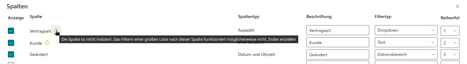 Das Symbol „Index erstellen" im Konfigurator des Filterbereichs